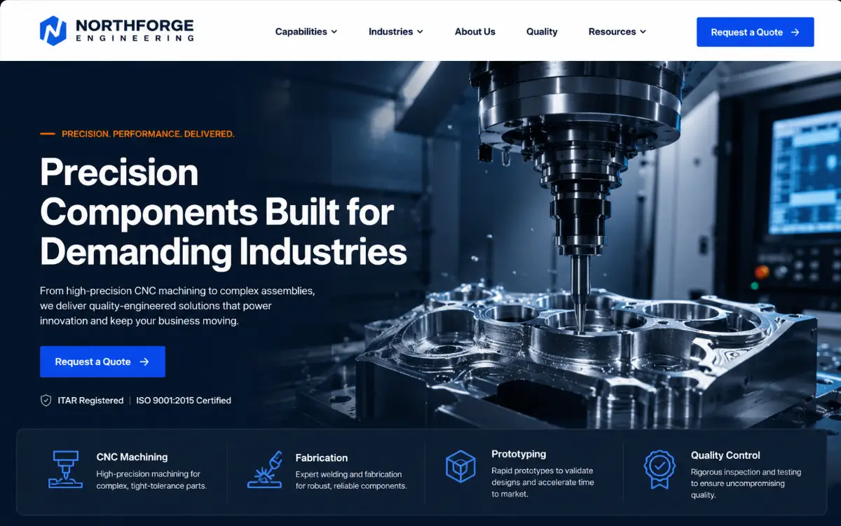 Example precision engineering website displayed on a laptop