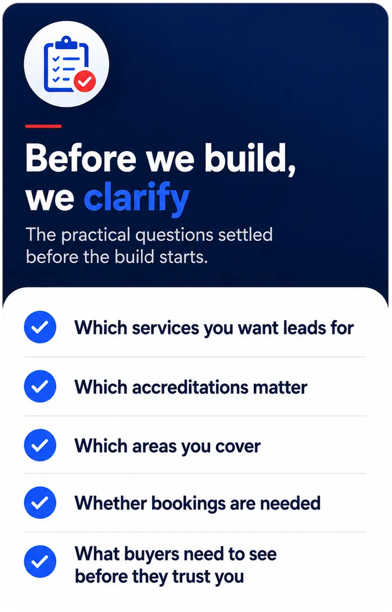 Before we build checklist covering services, accreditations, areas, bookings and buyer trust