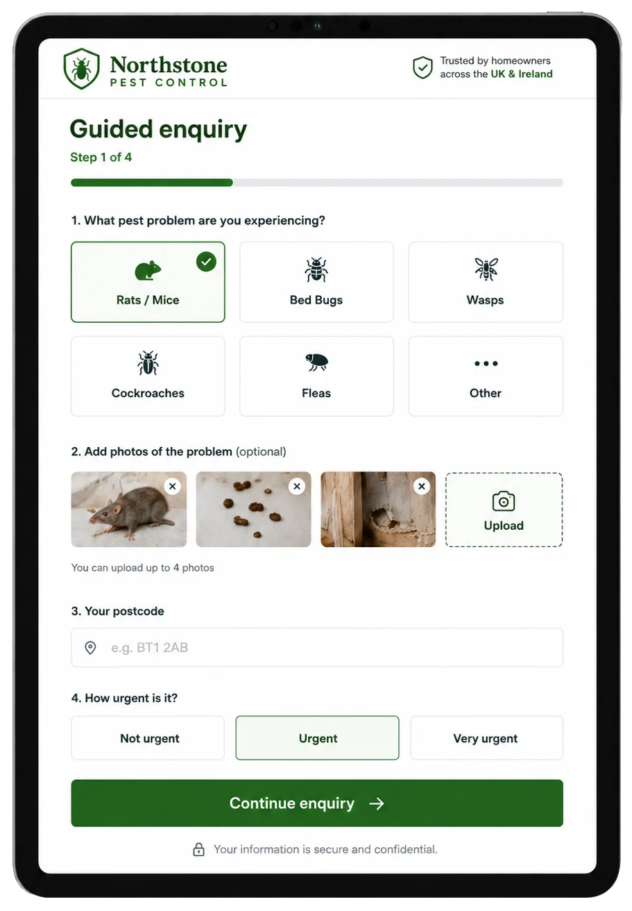 Guided pest control website enquiry form showing pest selection, photo upload and contact details