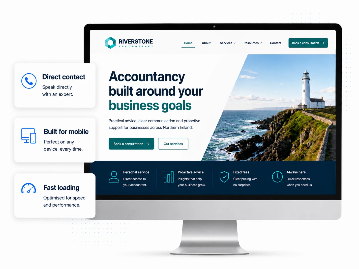 Large desktop monitor mockup showing a professional website design