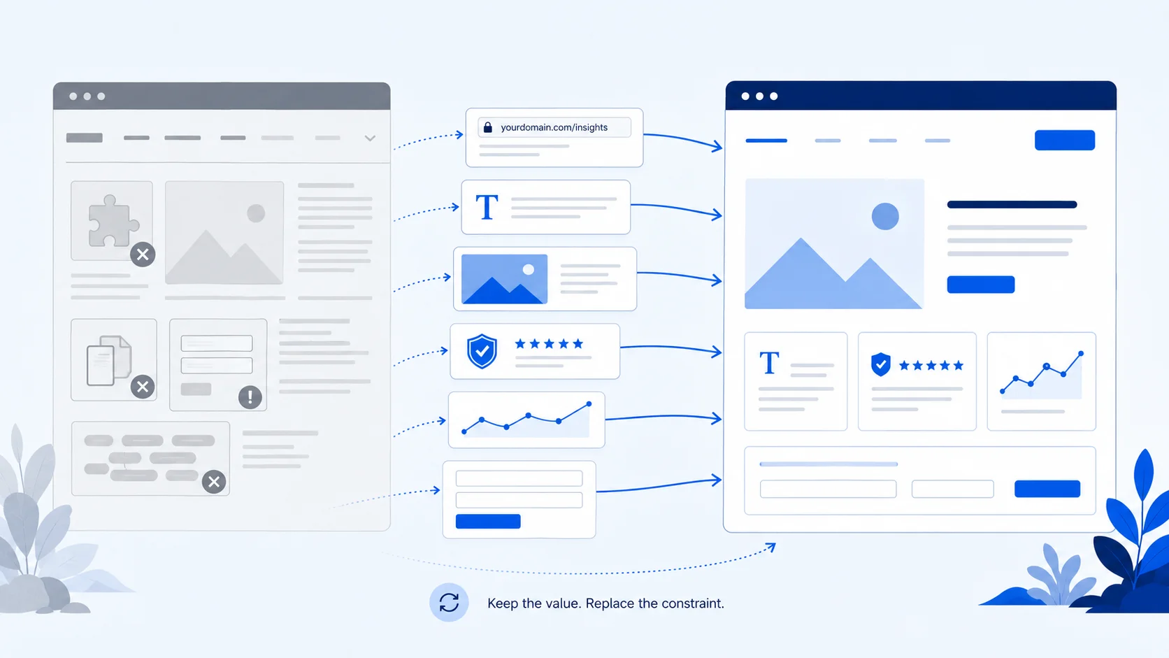 Illustration showing valuable website content, URLs, tracking and enquiry forms being moved from an old website into a cleaner rebuilt structure.