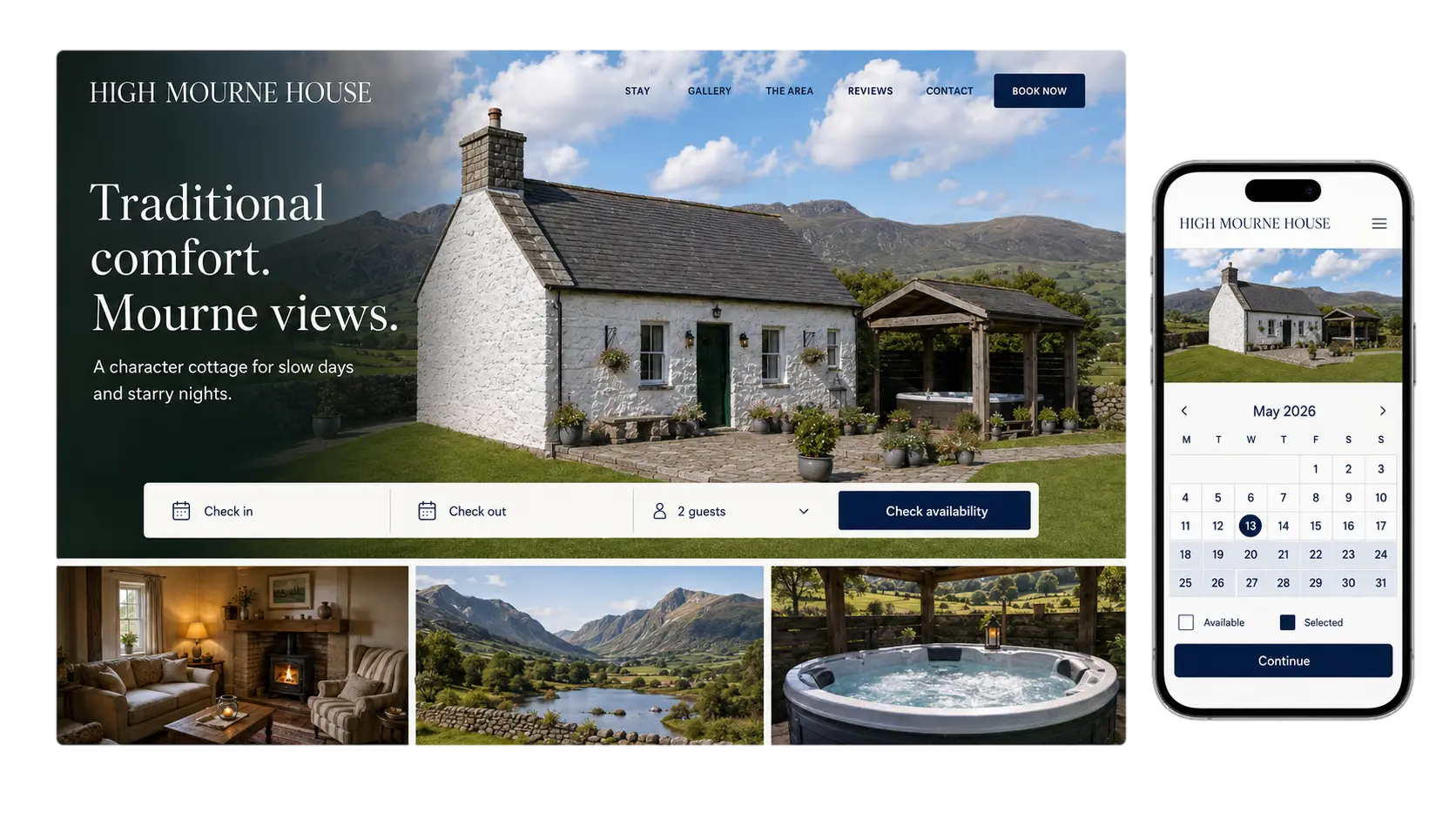 High Mourne House direct-booking website shown on desktop and mobile.