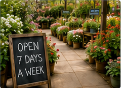 Open seven days a week sign at a plant nursery